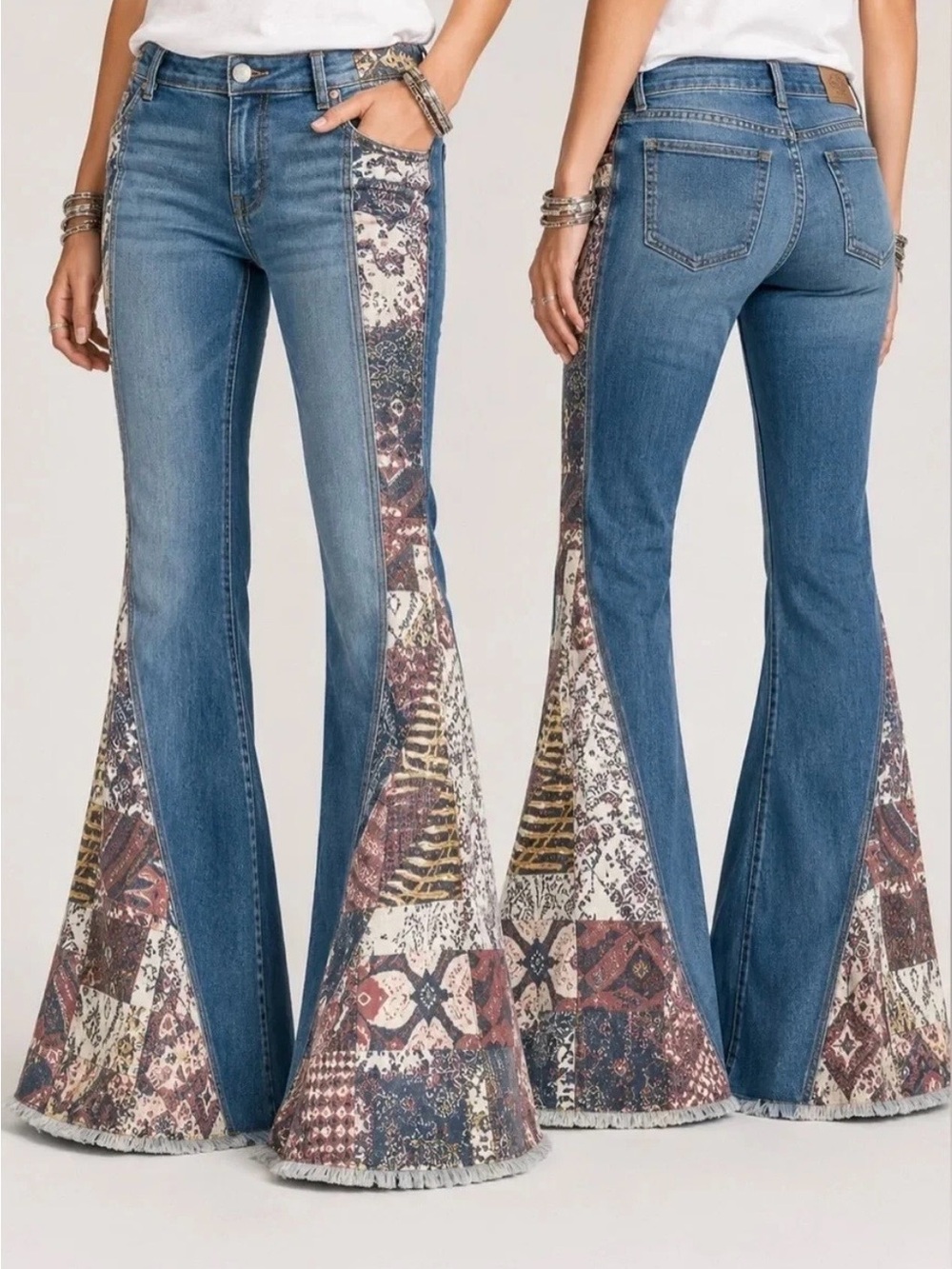 NWOT Free People Bali Patchwork Flare Leg Soft Vintage Wash Denim Jeans 31 - Picture 4 of 9